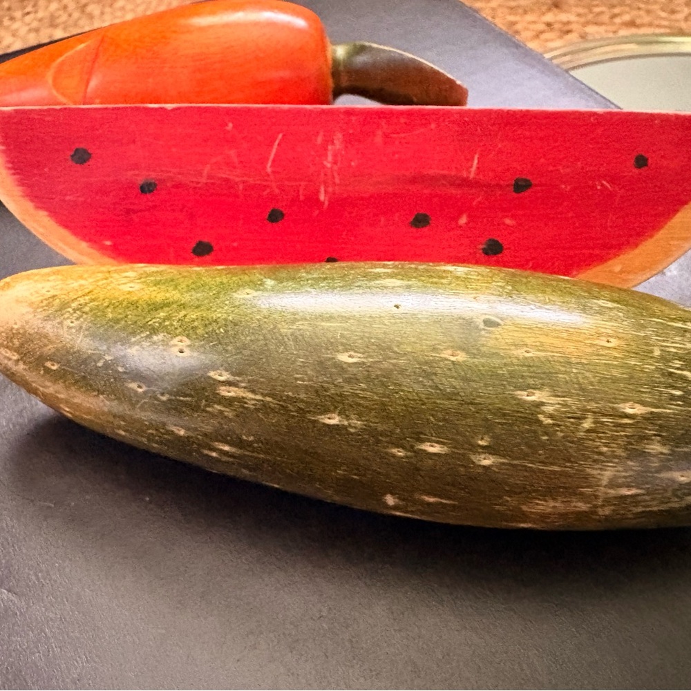 Vintage Handmade Wooden Decorative Fruits - Red Watermelon & Green Cucumber